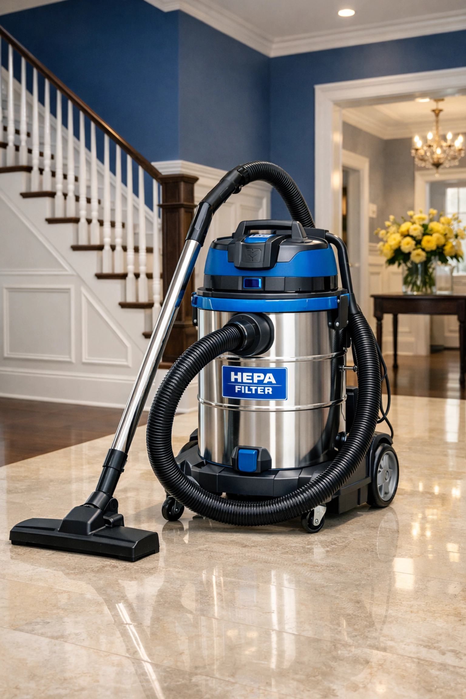 Professional industrial HEPA vacuum equipment used for high-end residential post-construction cleaning.