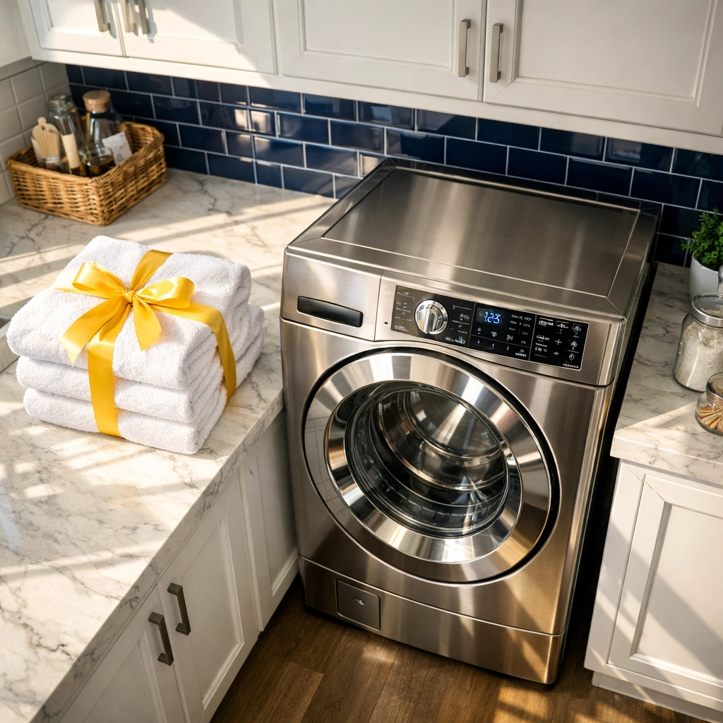 Luxury laundry room featuring a modern washing machine and stacked clean white towels.