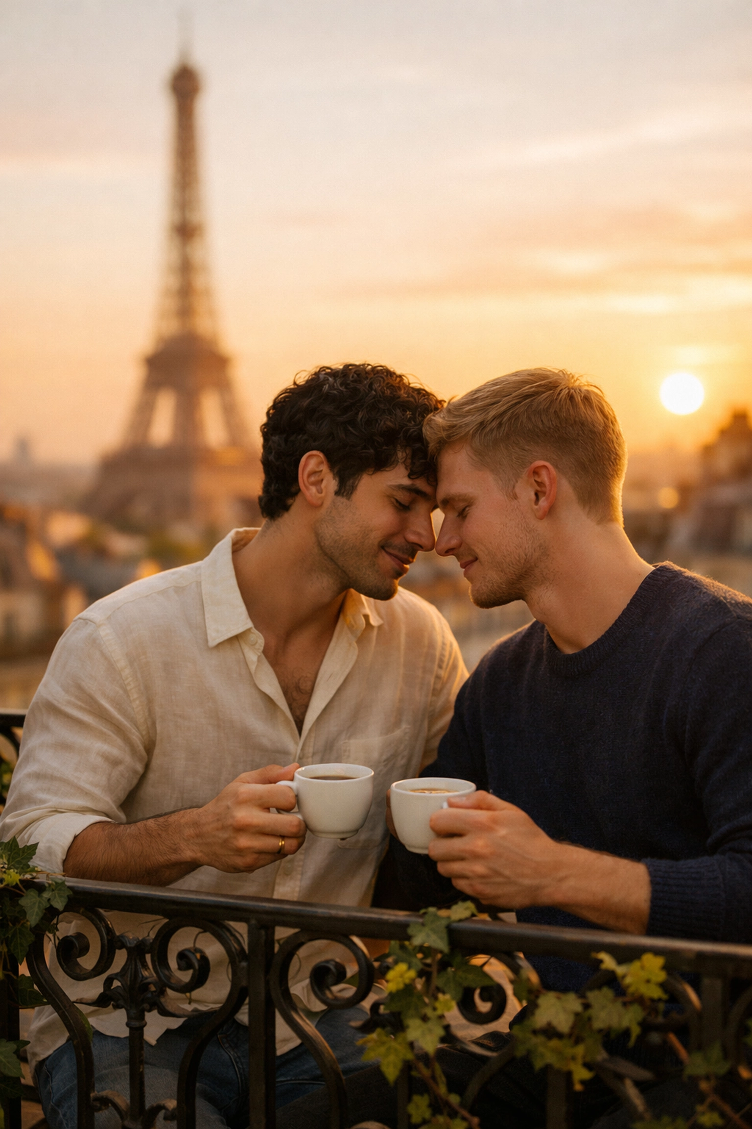Two men sharing intimate coffee moment on Paris balcony with Eiffel Tower view at sunset