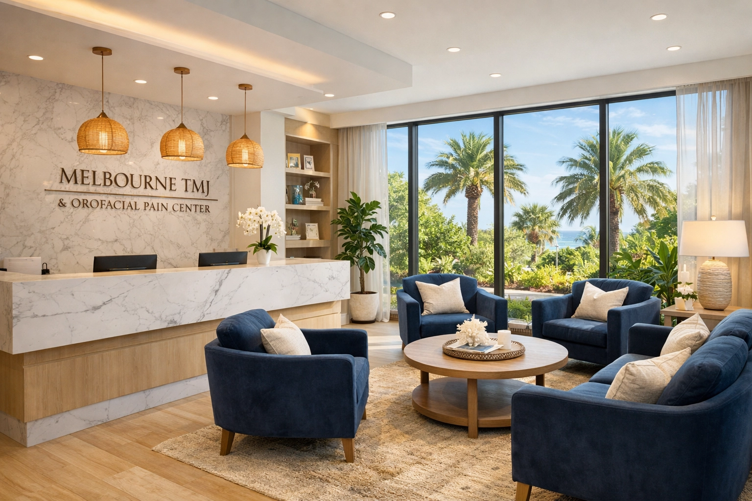 Modern reception area of Melbourne TMJ and Orofacial Pain Center featuring comfortable seating and Florida views.