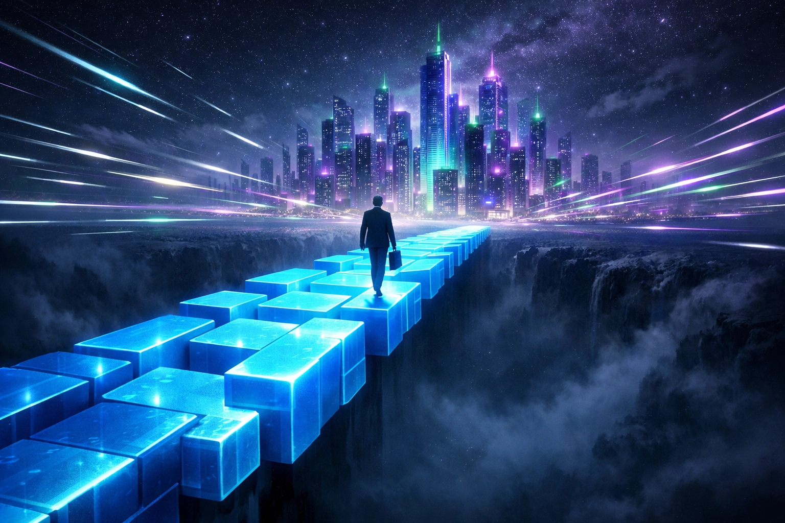 A professional crossing a digital light bridge to close the campus-to-career gap.