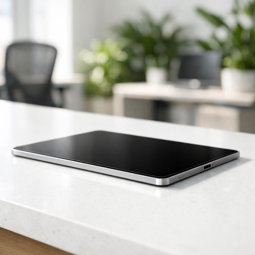 Tech-enabled commercial cleaning reporting on a tablet in a modern office breakroom.