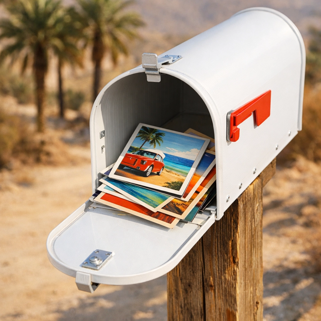 Open mailbox filled with colorful direct mail postcards in desert setting