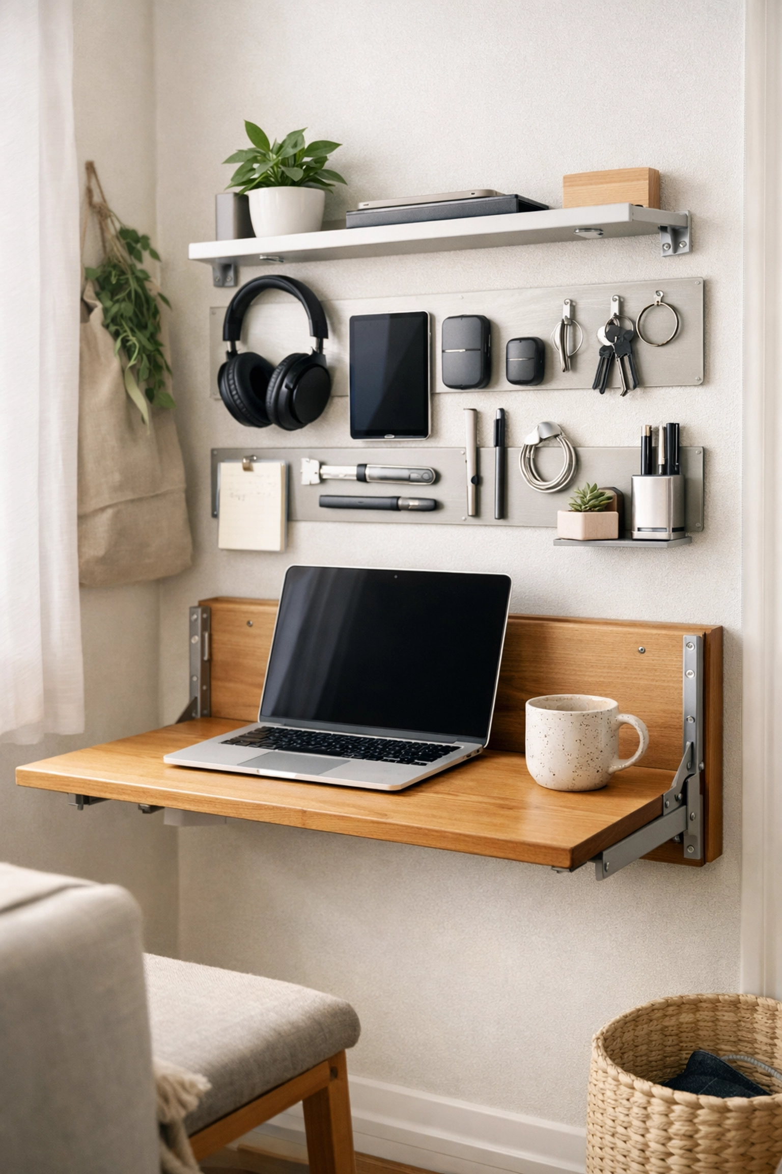 Wall-mounted fold-down standing desk for a space-saving high-tech home office setup.