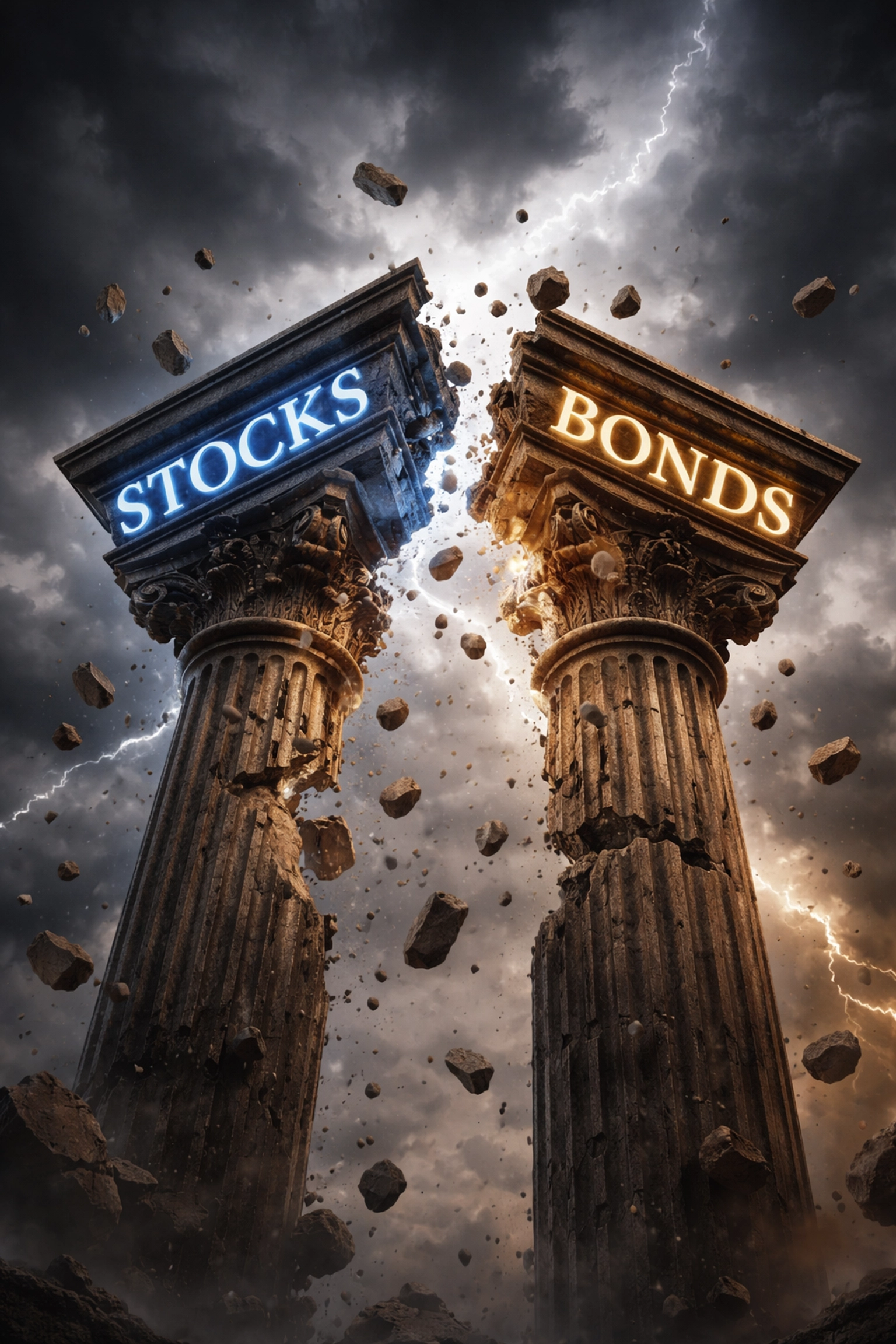 A crumbling pillar splitting into stocks and bonds illustrates portfolio instability when both asset classes decline together.