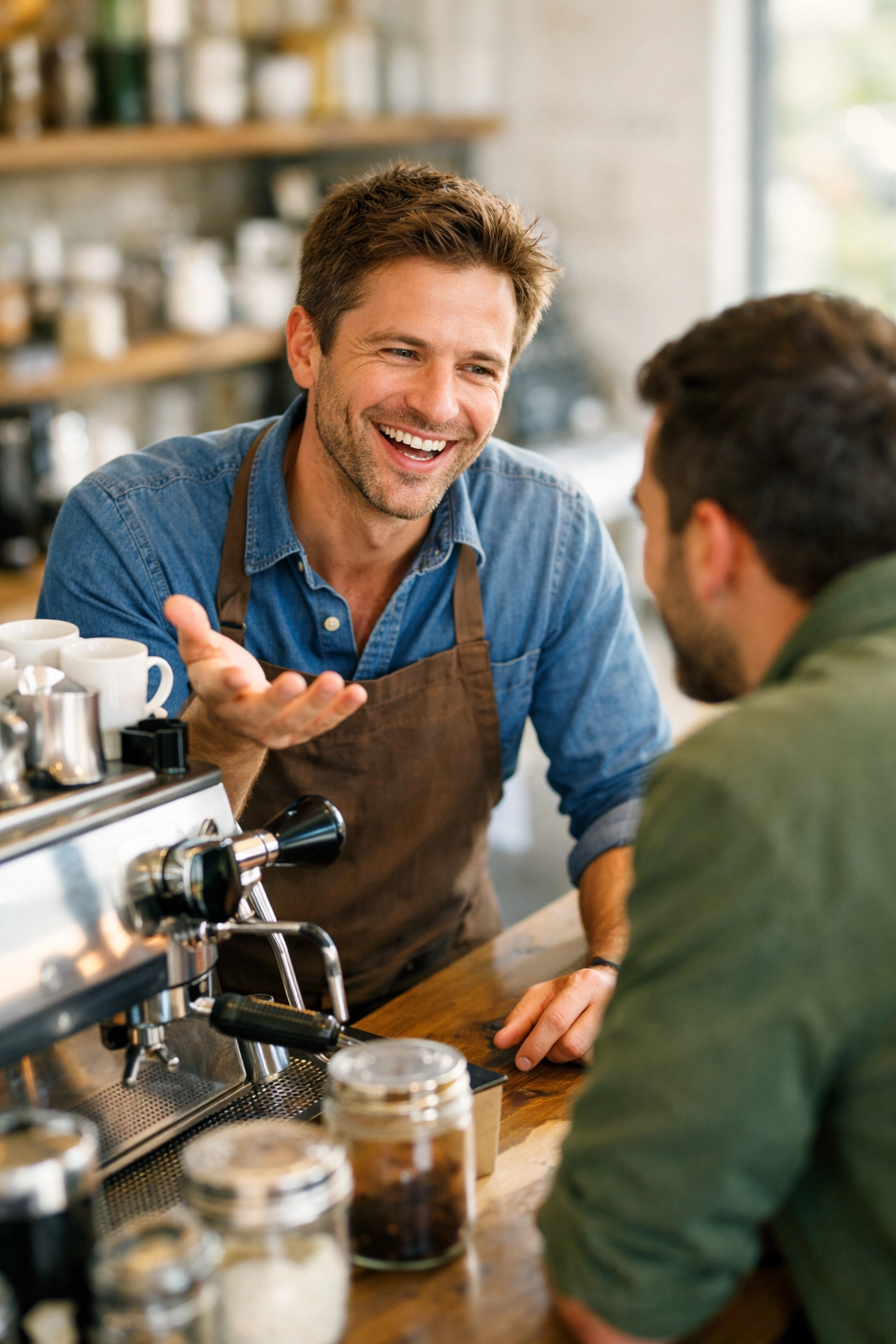 Barista engaging with customer at espresso machine creating positive café experience