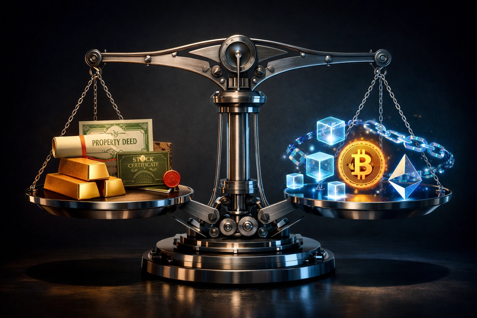 Balanced portfolio scale showing traditional assets and digital investments in equilibrium for risk mitigation