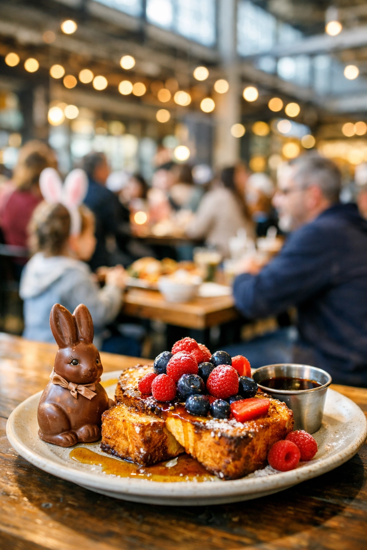 Delicious Easter brunch at Time Out Market Montreal featuring pain doré and a chocolate bunny.