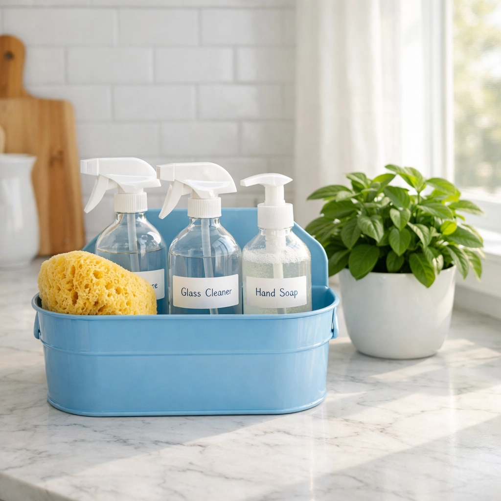 Eco-friendly cleaning caddy in a bright kitchen, highlighting green House Cleaning Services MA.