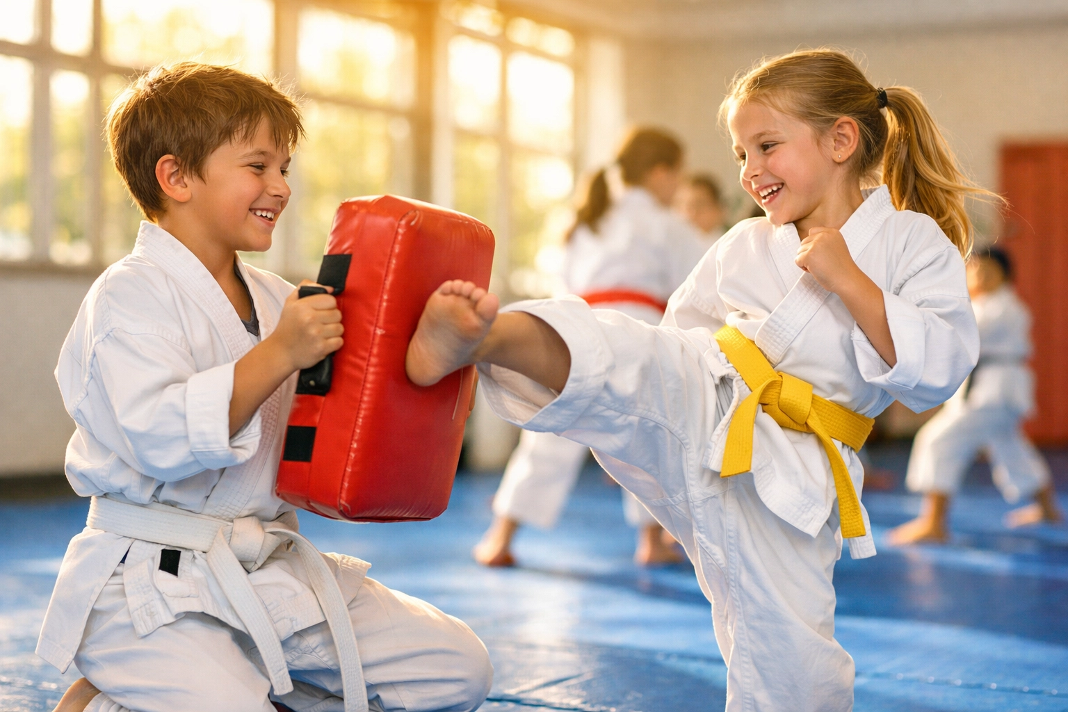 Two children practicing partner drills during kids martial arts class in El Dorado Hills