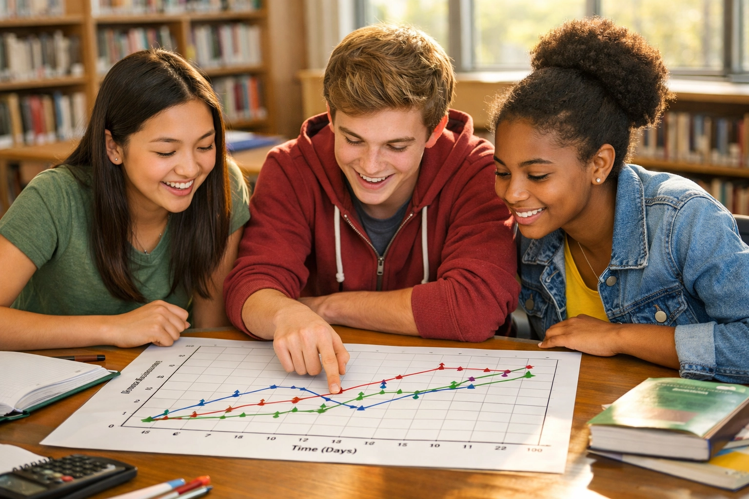 High school students collaborating on SAT reading data graphics at study table