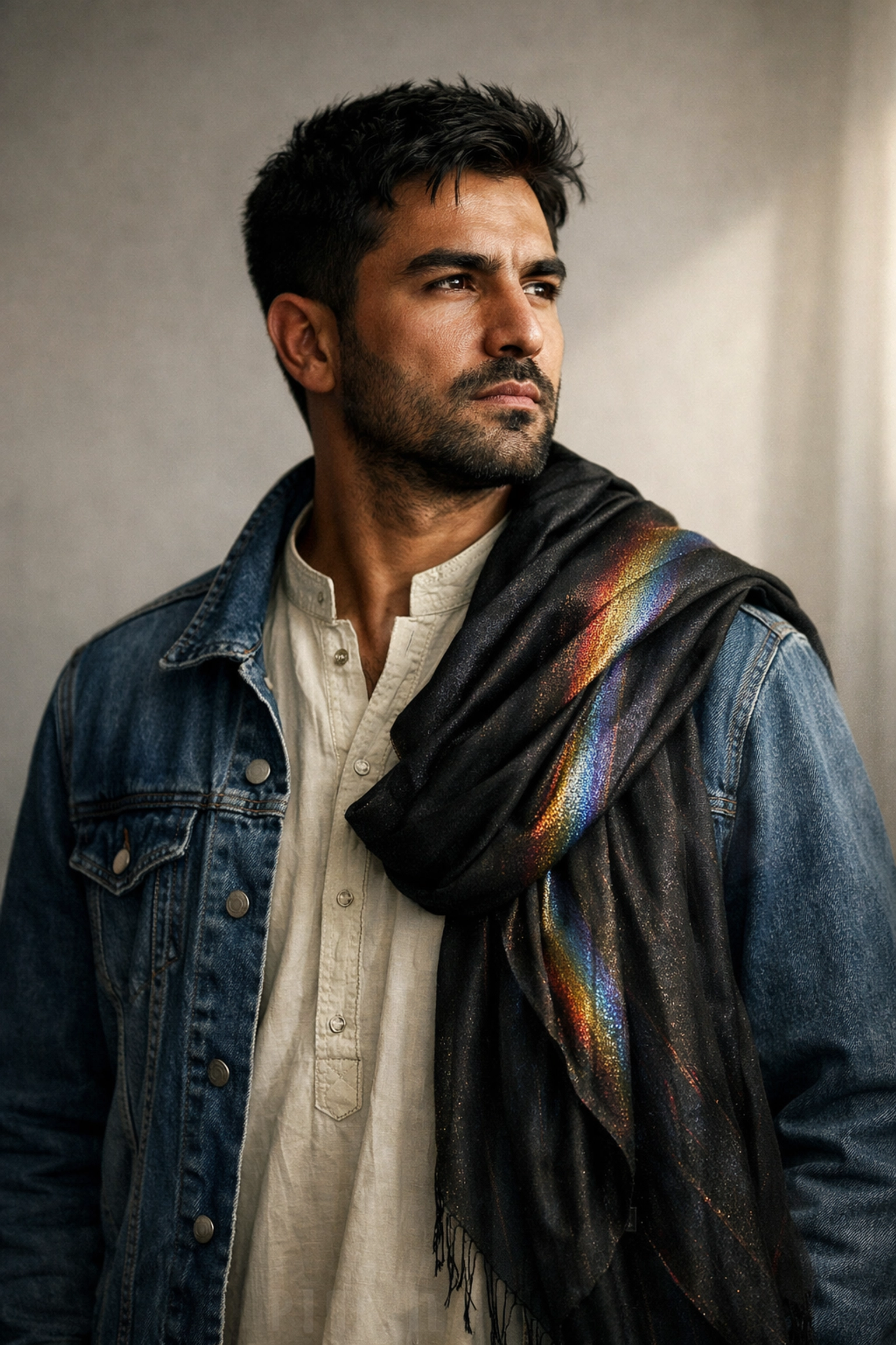 A modern queer Afghan man with a rainbow scarf, representing pride and the legacy of queer history.