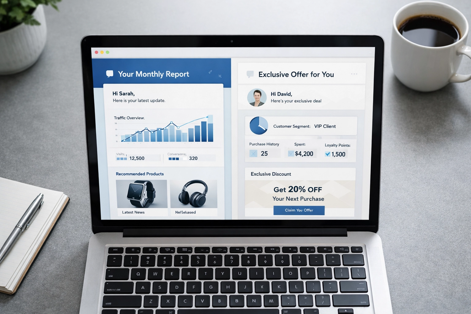 AI-powered email personalization dashboard showing customer data and dynamic content variations