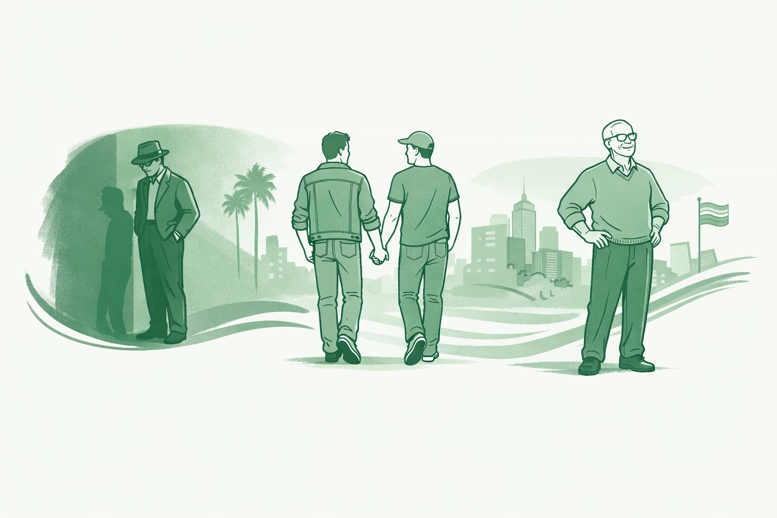 Timeline showing gay man's journey through decades from 1950s to present - LGBTQ+ perseverance