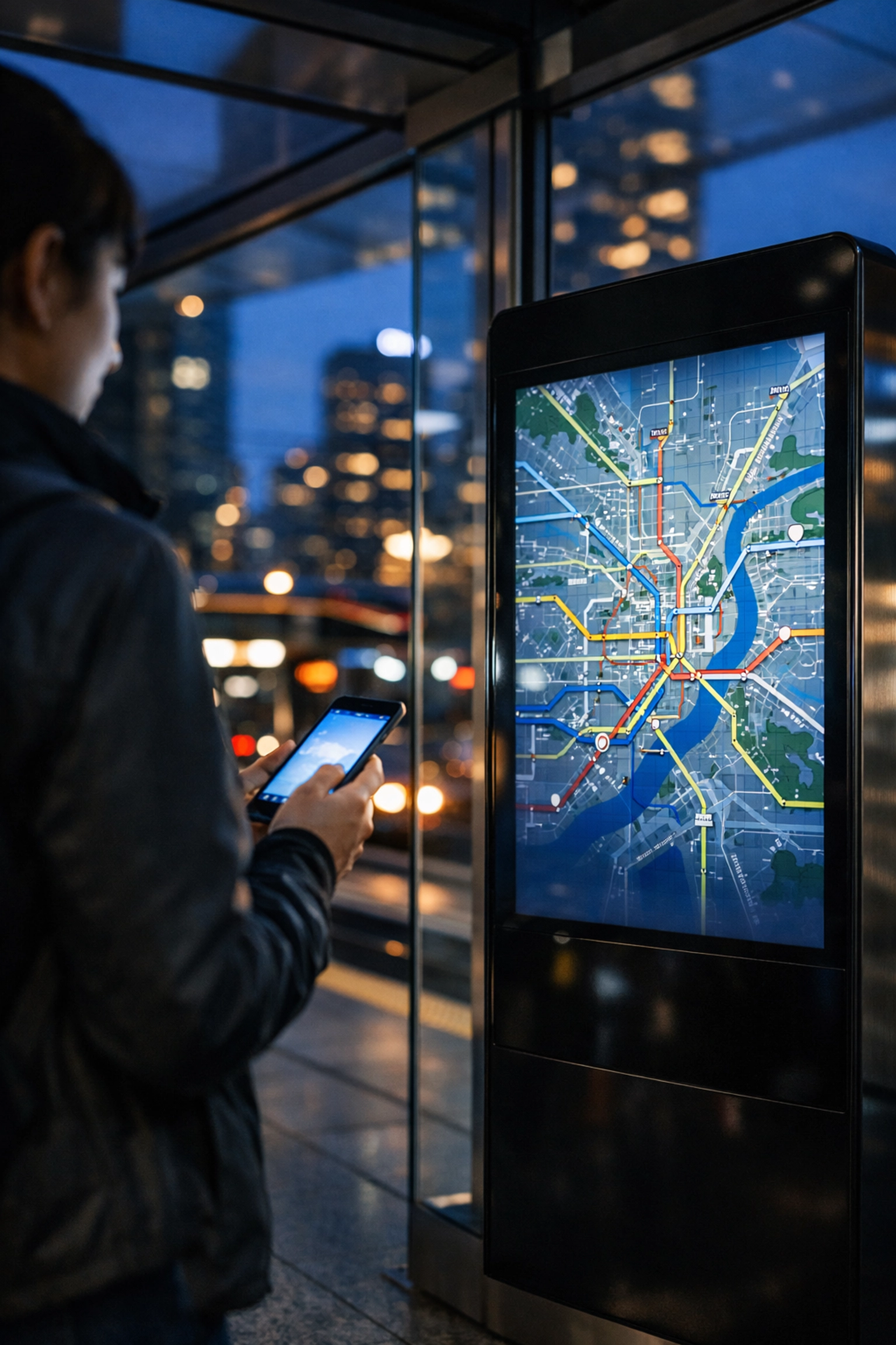 A commuter using a mobile app and interactive digital kiosk at a modern transportation transit station.