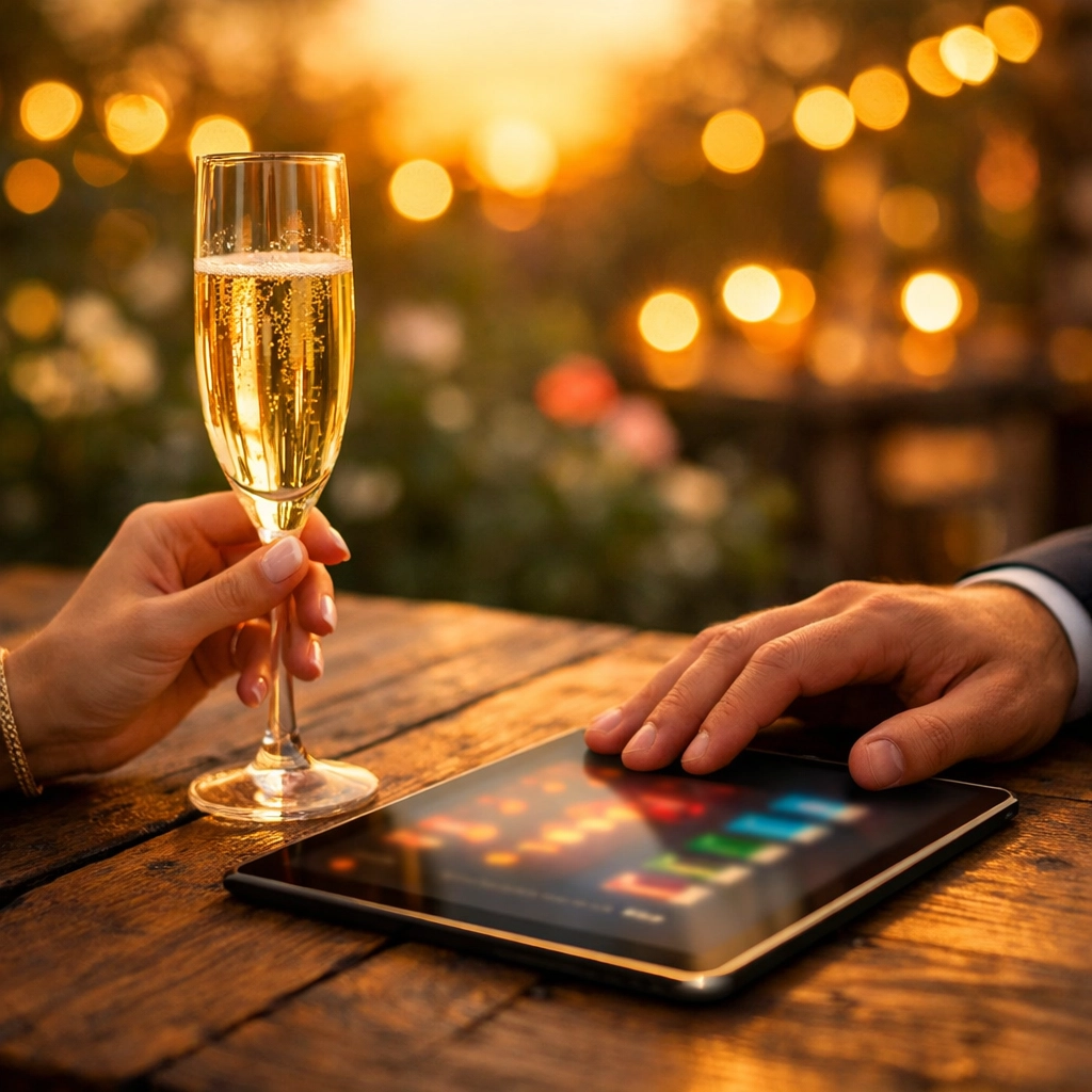Couple celebrating a debt-free wedding with champagne while viewing guest contributions on a tablet.