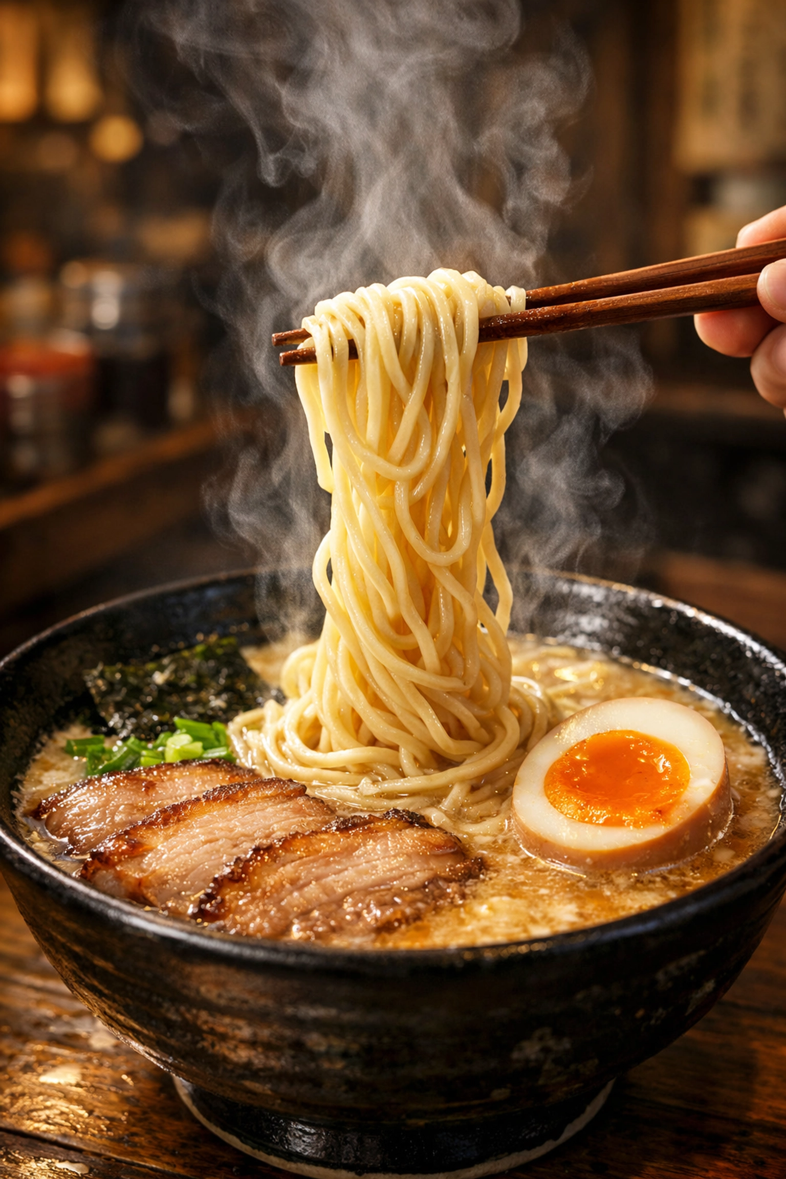 Steaming bowl of Tonkotsu ramen with a noodle pull and soft-boiled egg in a cozy Tokyo shop.