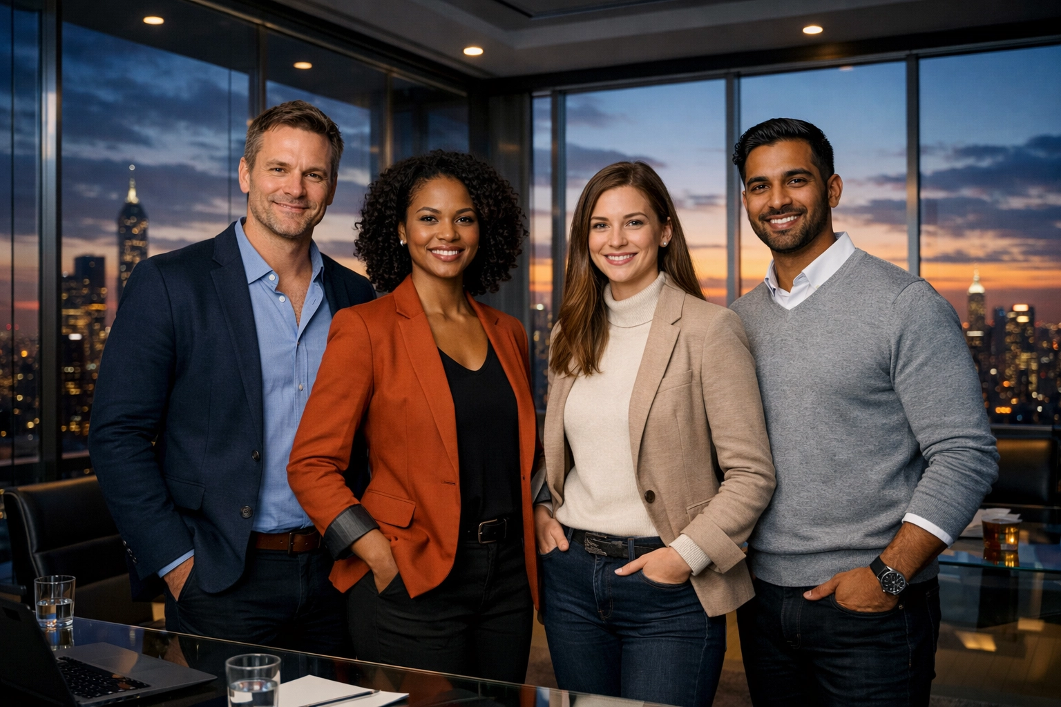 Diverse group of business professionals standing in a boardroom for professional corporate headshots.