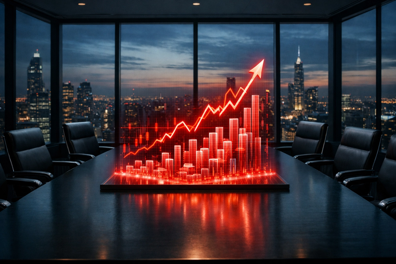 Digital growth data visualization in a professional boardroom representing small business marketing ROI and strategy.