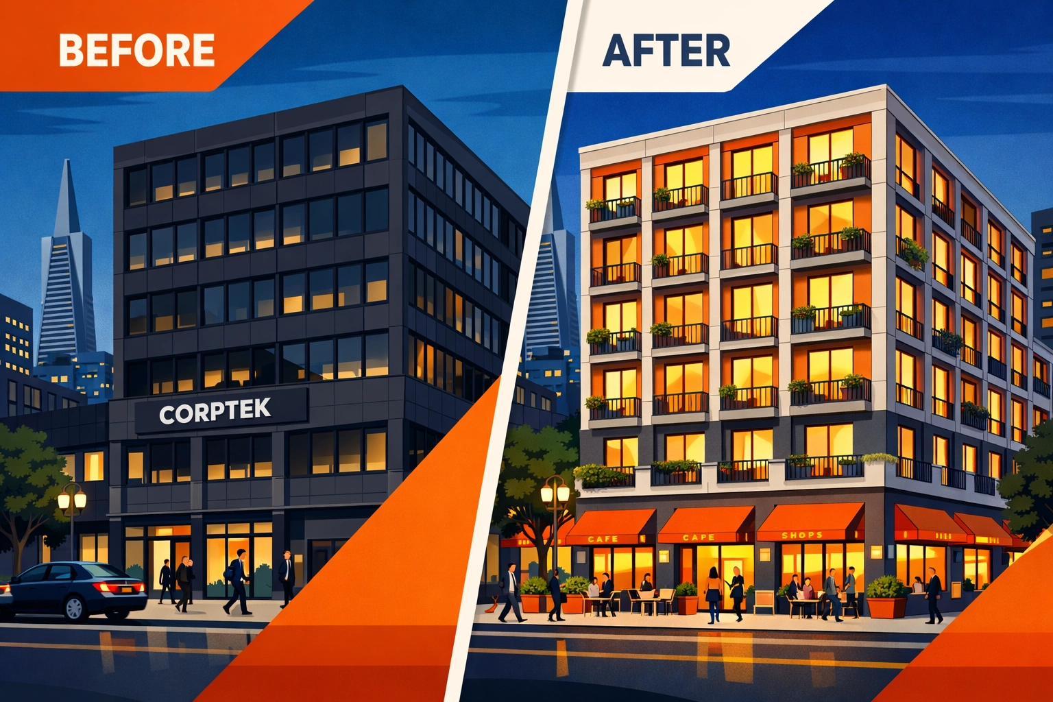 SF office building transformed into residential housing with balconies and retail under Measure C program