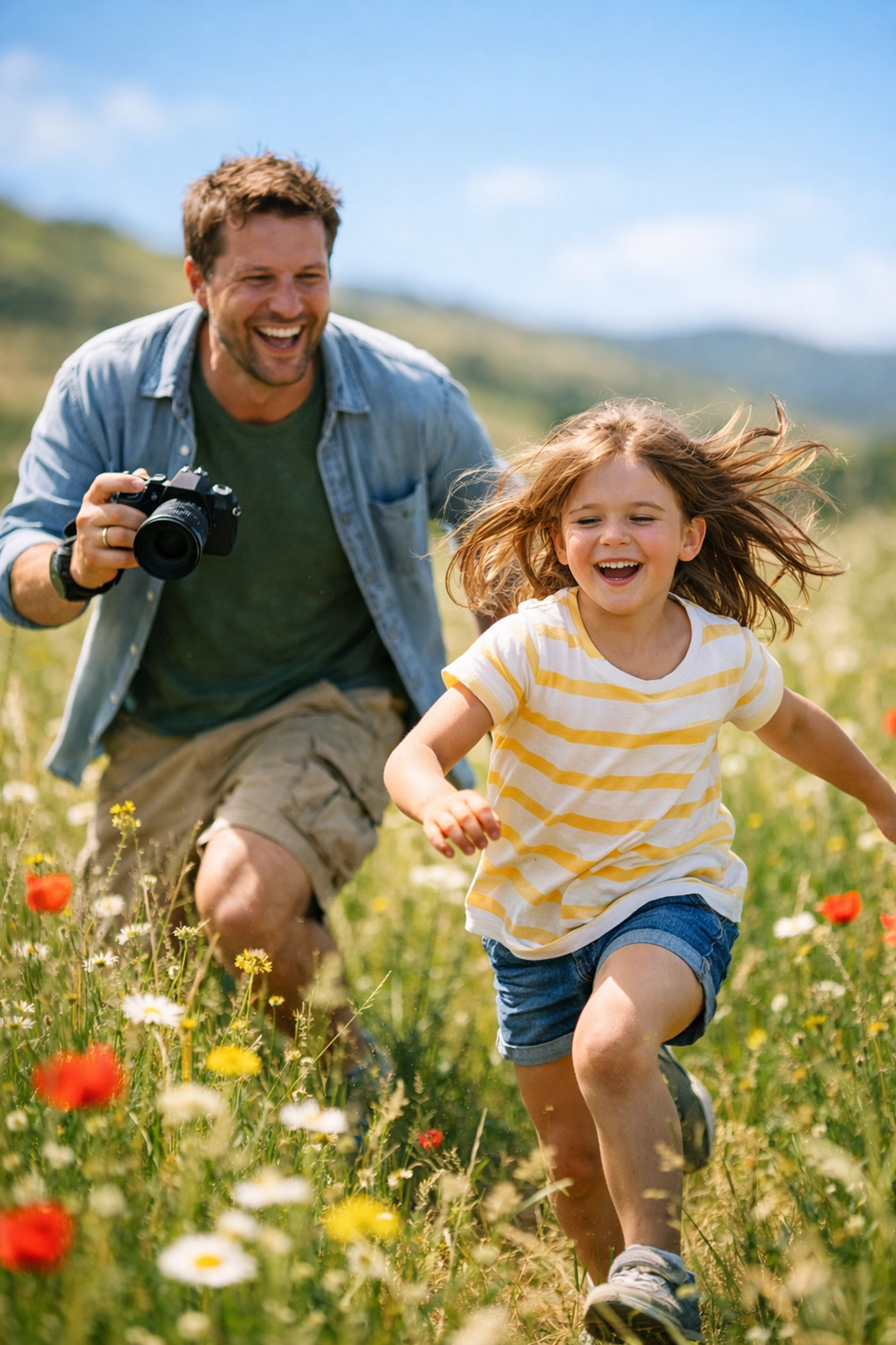 Candid family photography of a father and daughter running through a sunny meadow.