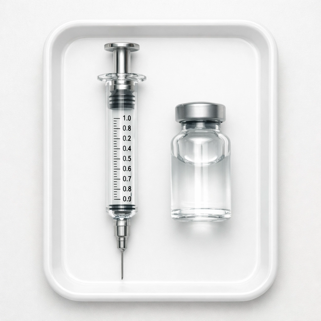 Clinical syringe and vial on a sterile tray for precise peptide research and reconstitution.