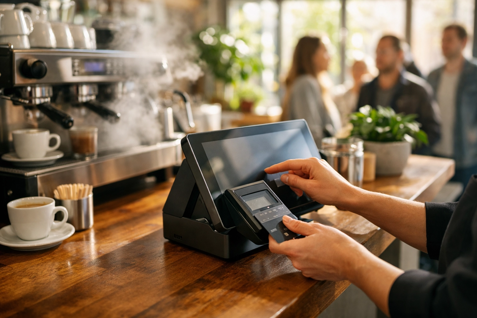 Toast POS system terminal processing transaction in busy coffee shop during morning service