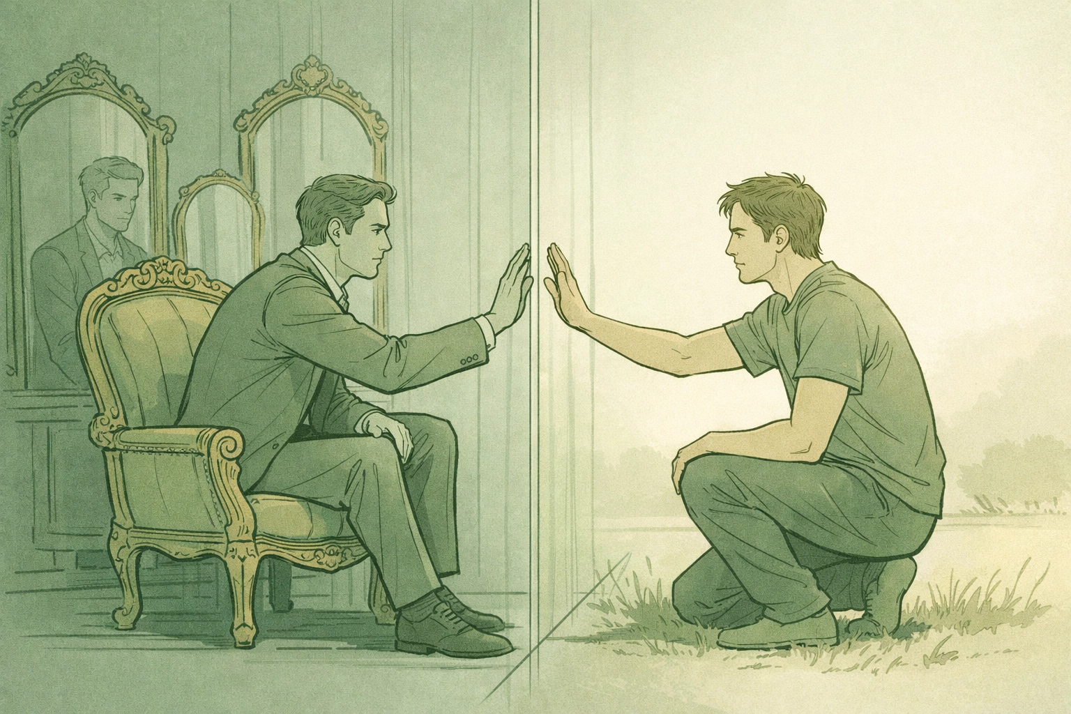 Two men separated by invisible wall in MM romance illustration depicting ego-driven isolation