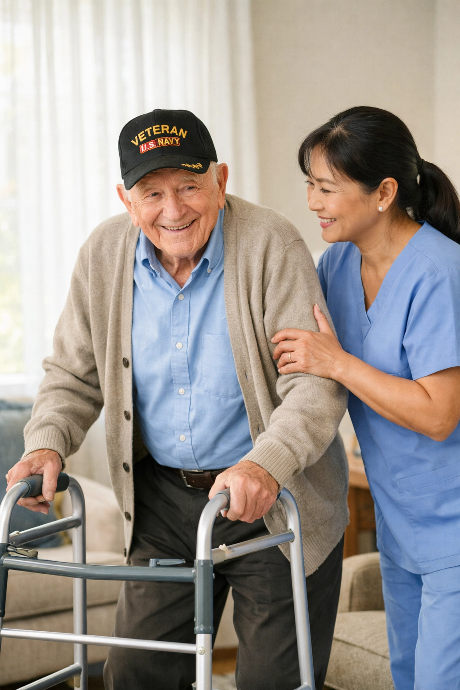 Caregiver assisting veteran with walker for daily living support at home