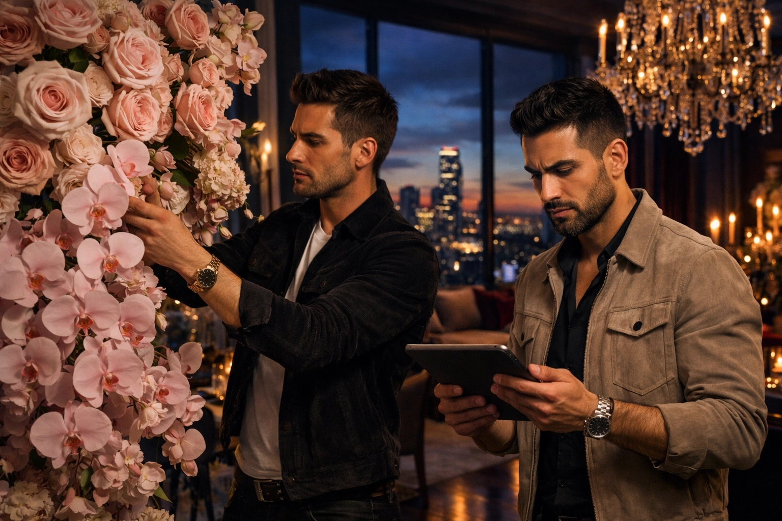 Two gay florists preparing elaborate floral installation for high society penthouse event