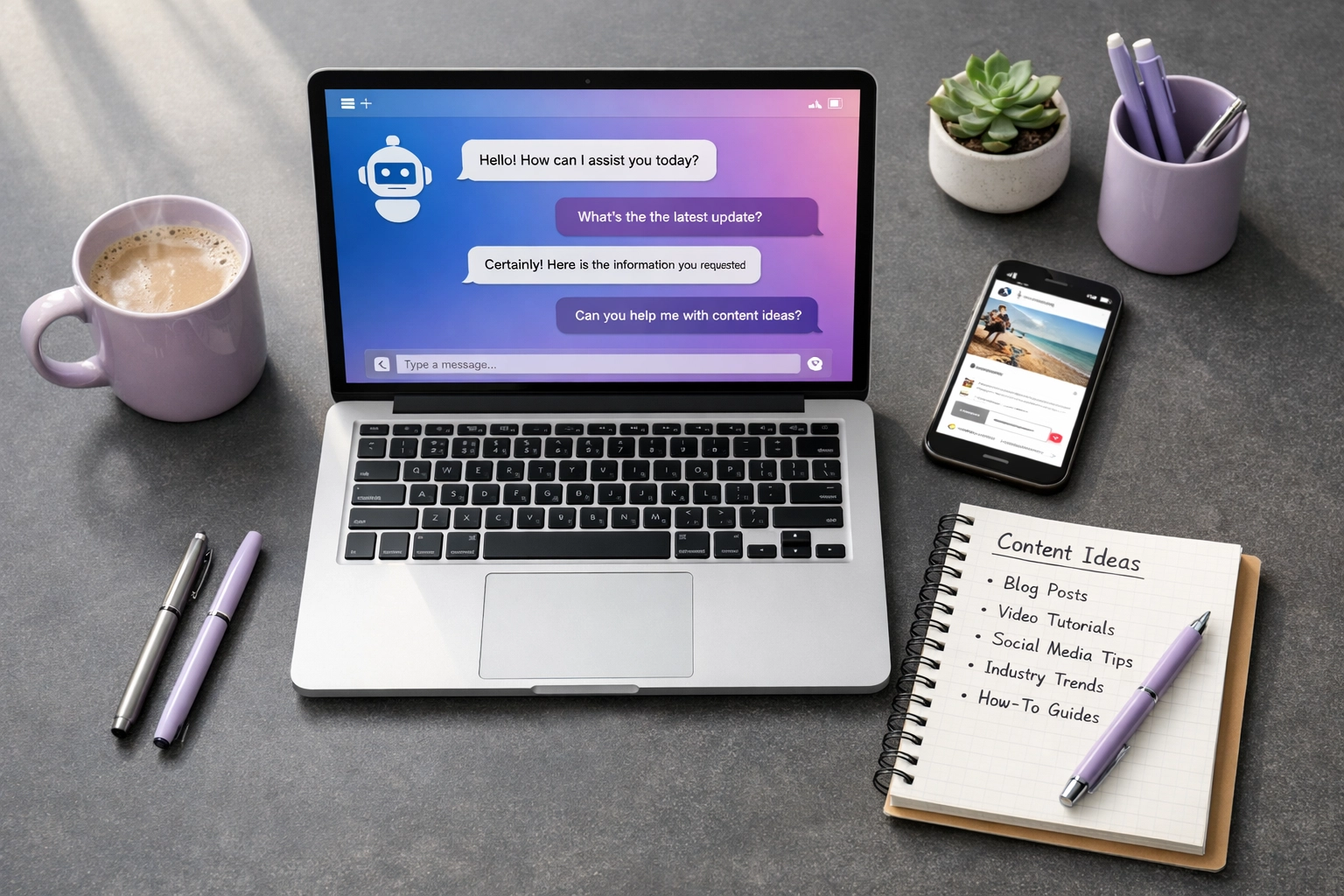 Small business workspace with AI tools for social media content creation and planning