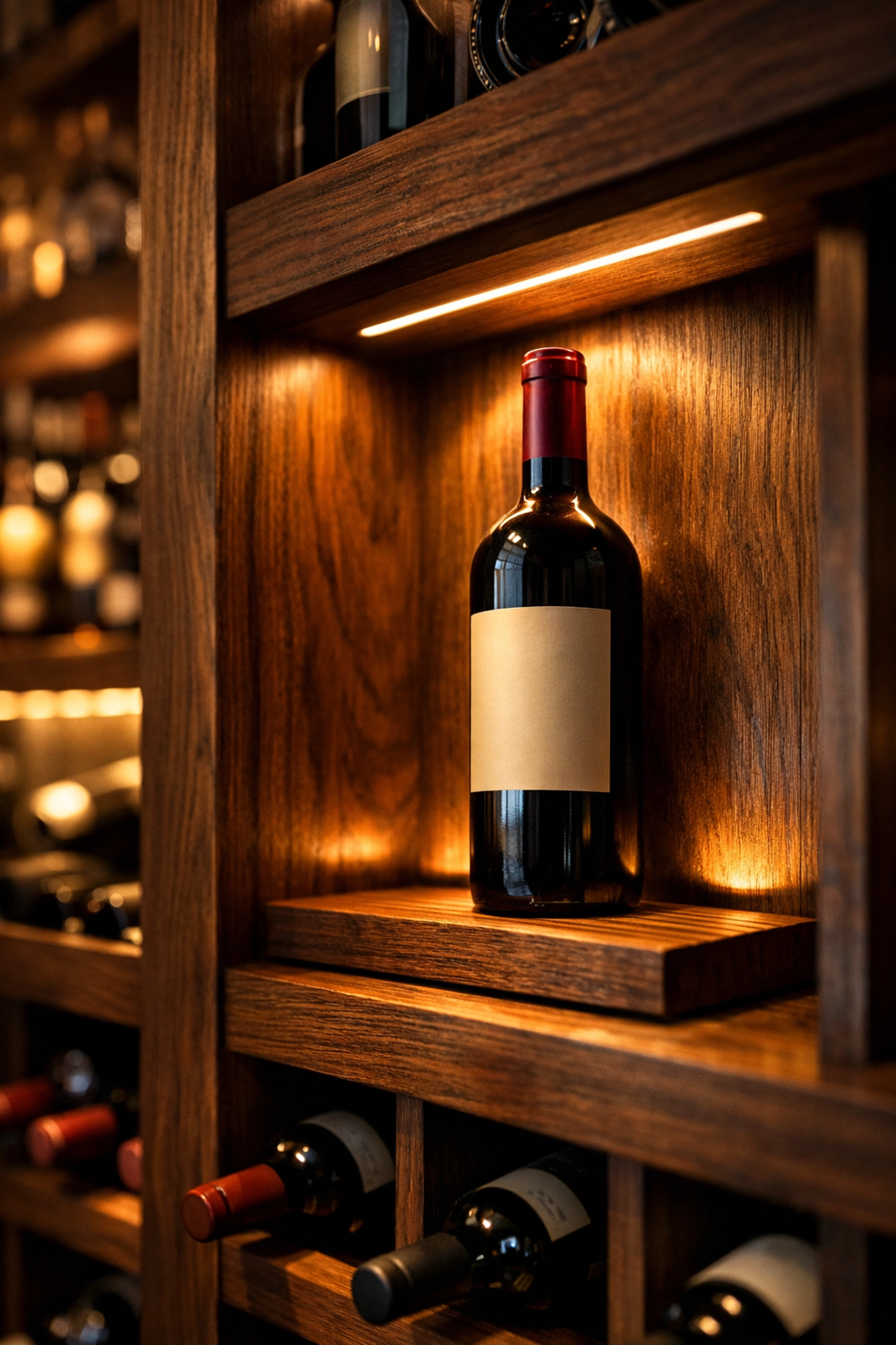 Atmospheric wine cellar lighting showcasing a hero bottle on custom-milled wood shelving with LED accents.