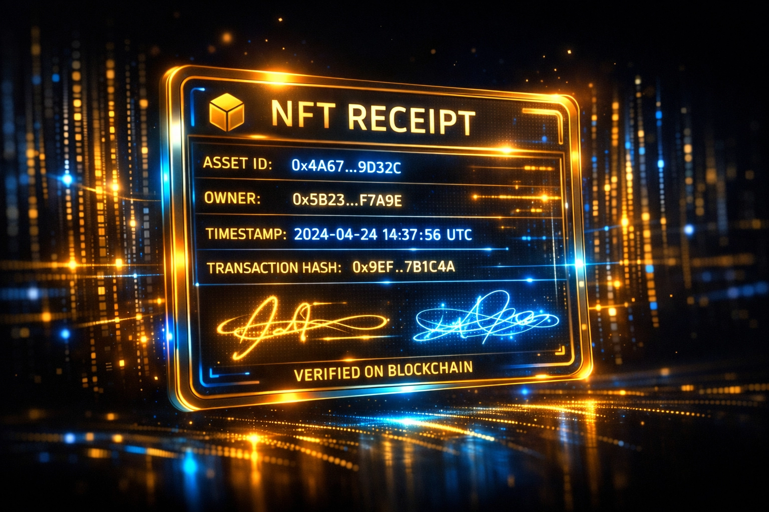 Blockchain-verified NFT receipt showing immutable transaction data for merchants