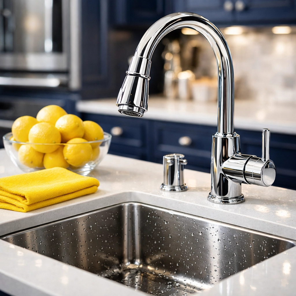Sparkling clean kitchen sink and polished faucet, a high-impact area in weekly house cleaning.