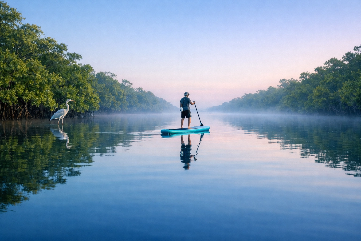 Stand-up paddleboarder on calm Caloosahatchee River in Lee County with mangroves and morning mist