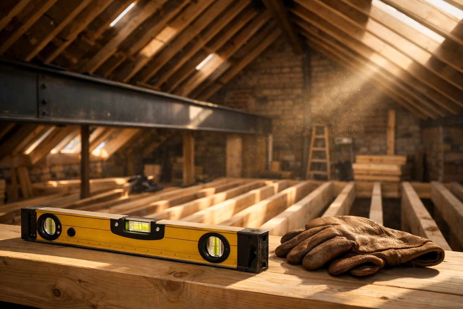 Structural phase of a loft conversion featuring new timber joists and steel beam reinforcement.