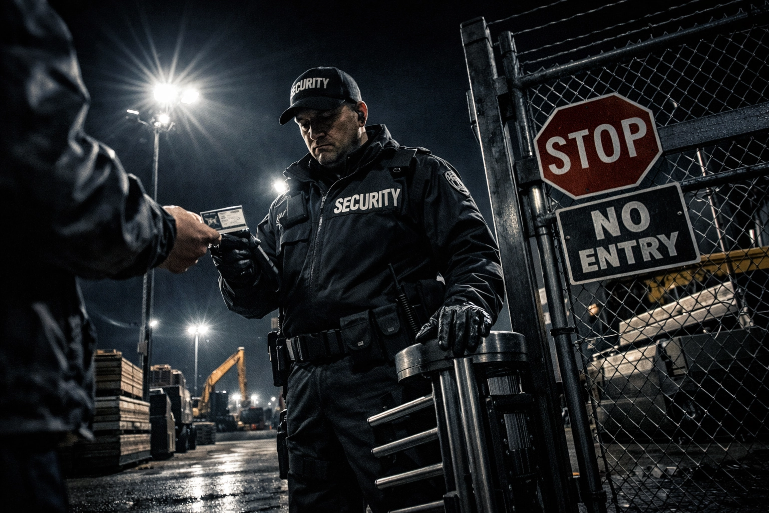 Security guard checking credentials at construction site entry checkpoint