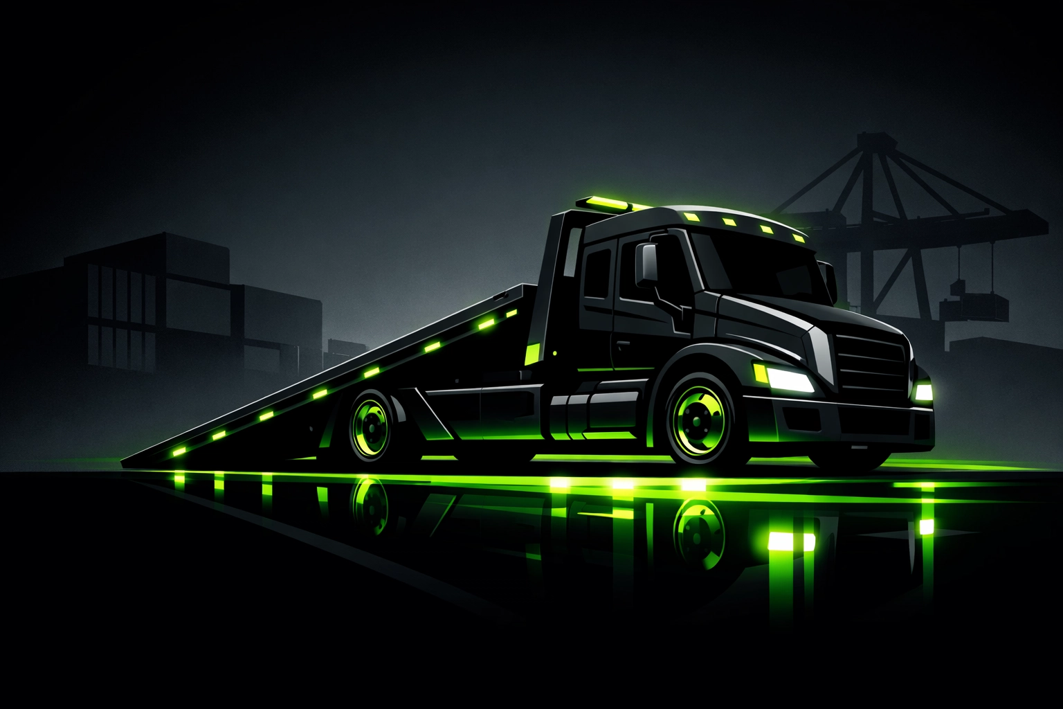 Specialized flatbed towing Houston tilt-deck truck with neon accents for urban vehicle transport.