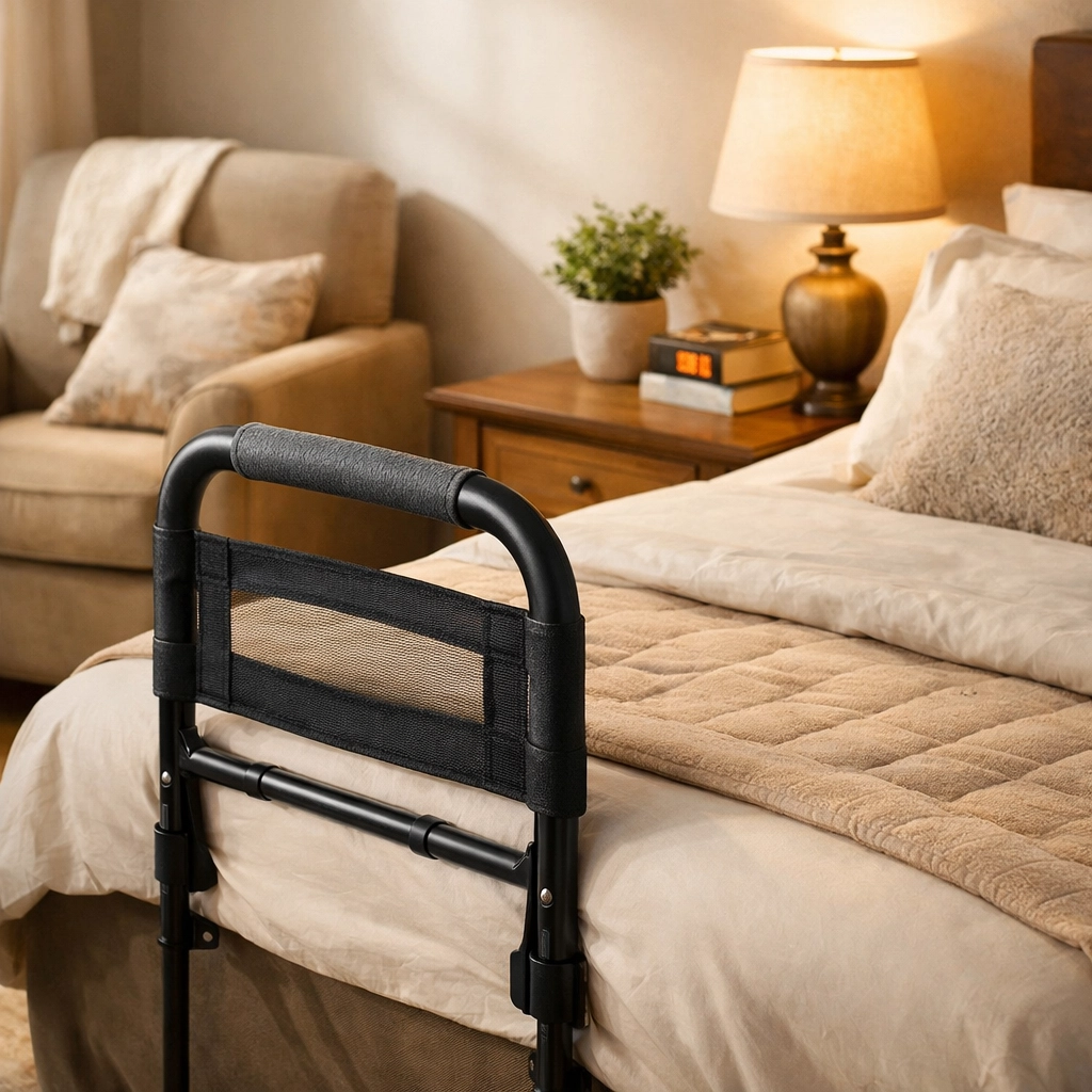 A sturdy bed rail with a non-slip grip provides support for seniors getting in and out of bed.