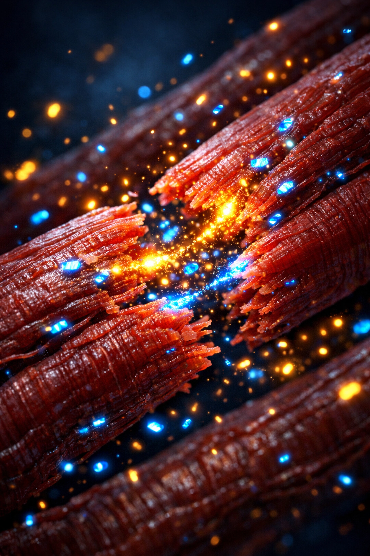 Microscopic view of muscle protein synthesis and repair following a resistance training session.