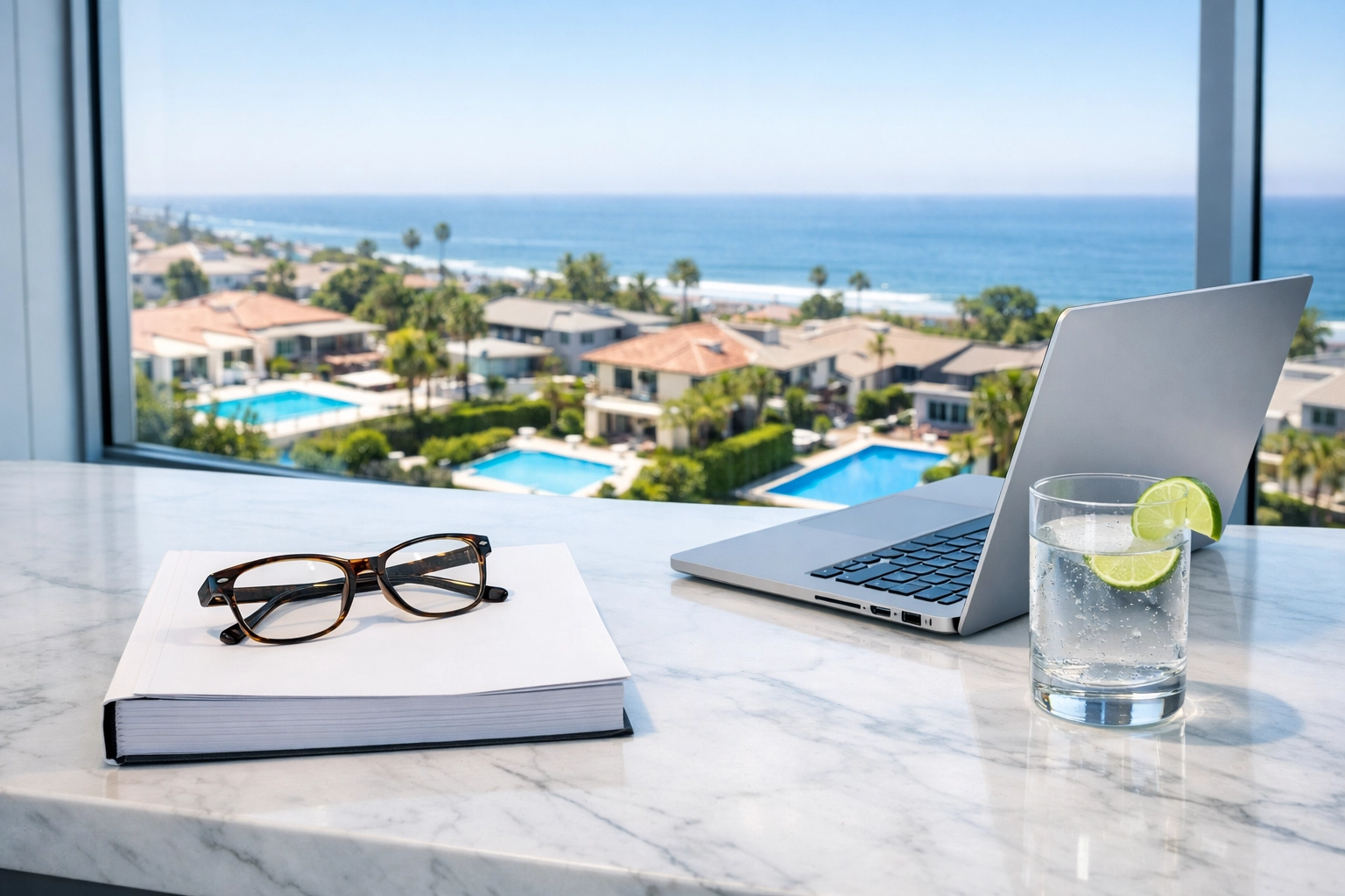 Professional valuation documents in a brokerage office overlooking residential swimming pools.