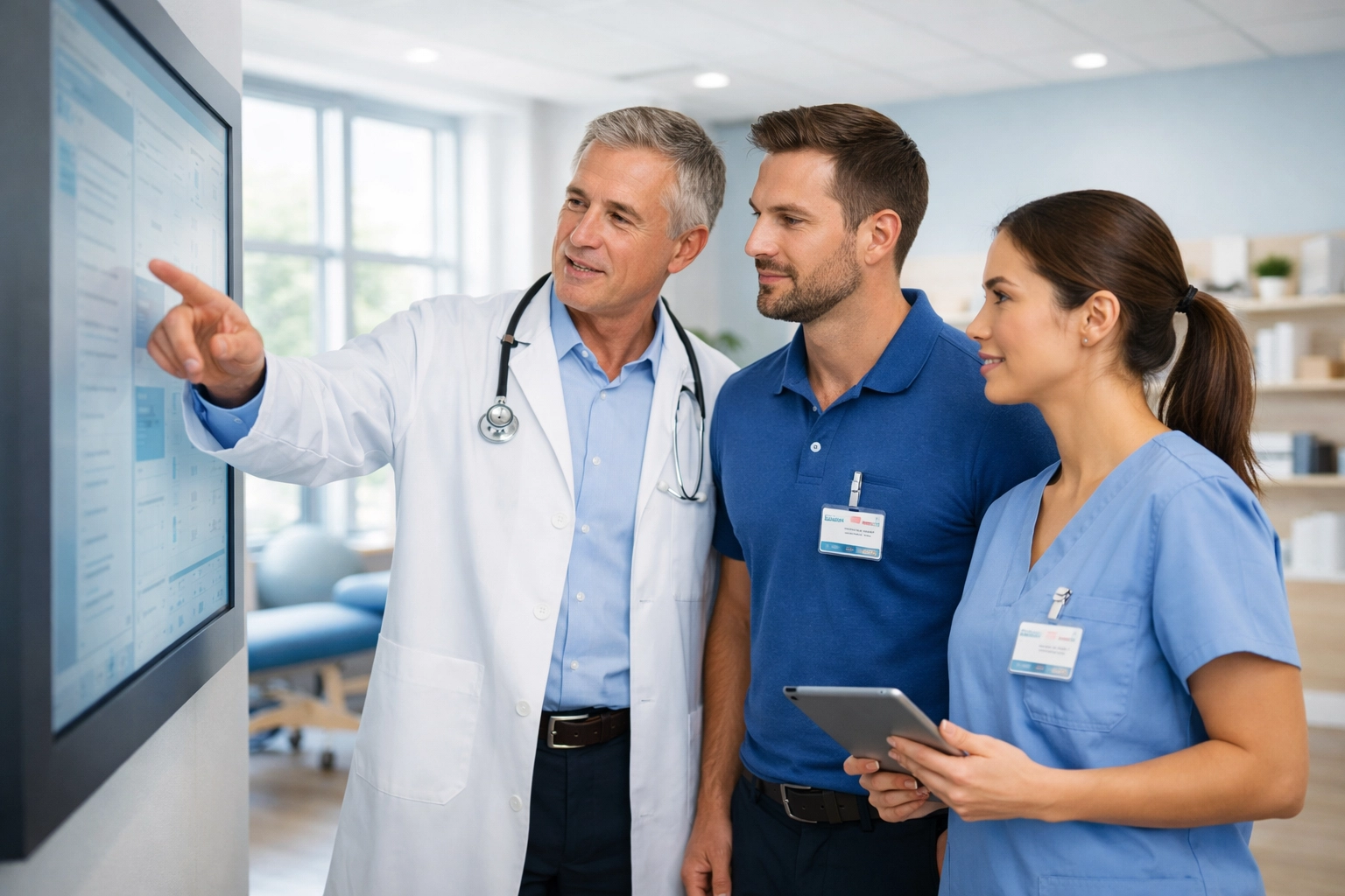 A multi-disciplinary medical team collaborating on a personalized plan for patient long-term wellness.