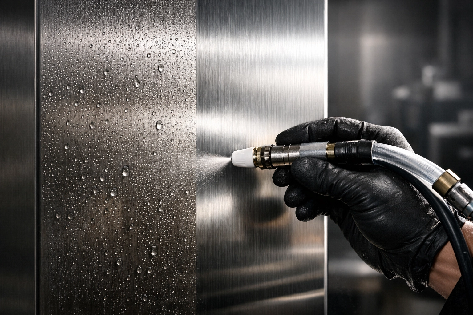 Technician using low-pressure cleaning on stainless steel elevator panel during restoration