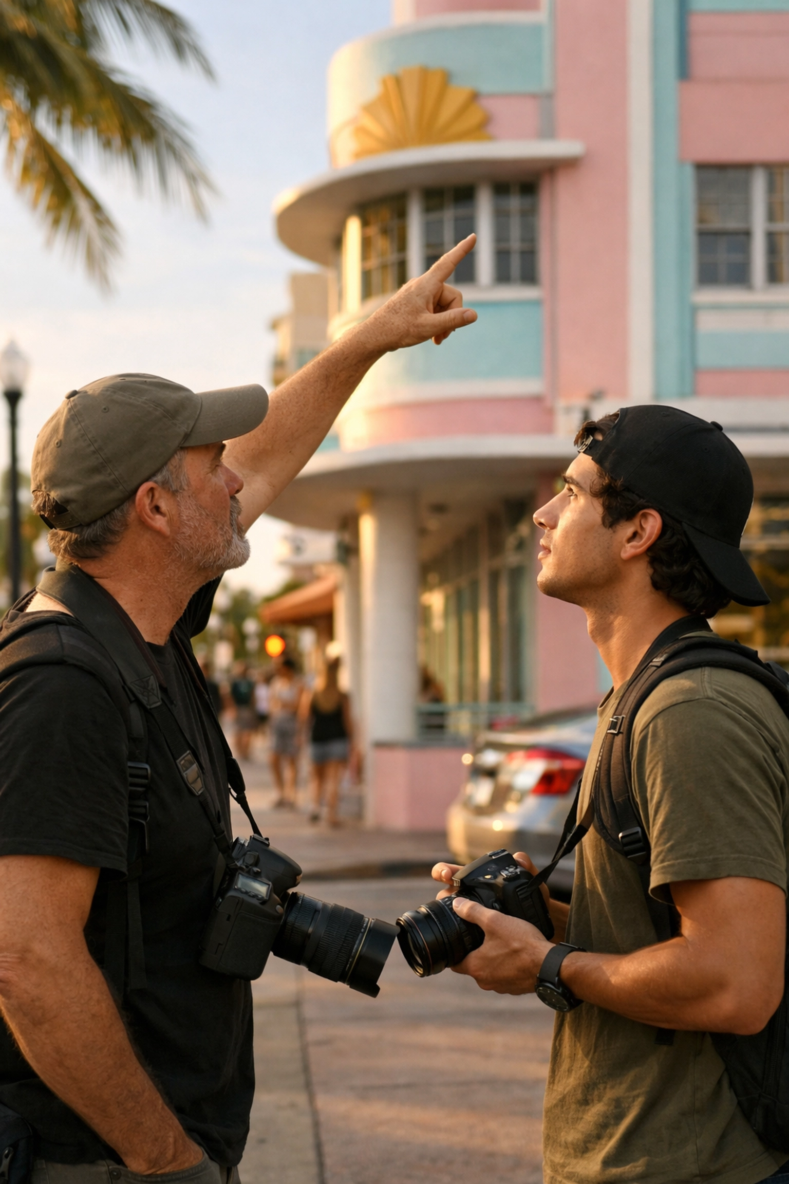 Professional photographer teaching a student during a Miami photography tour in South Beach.
