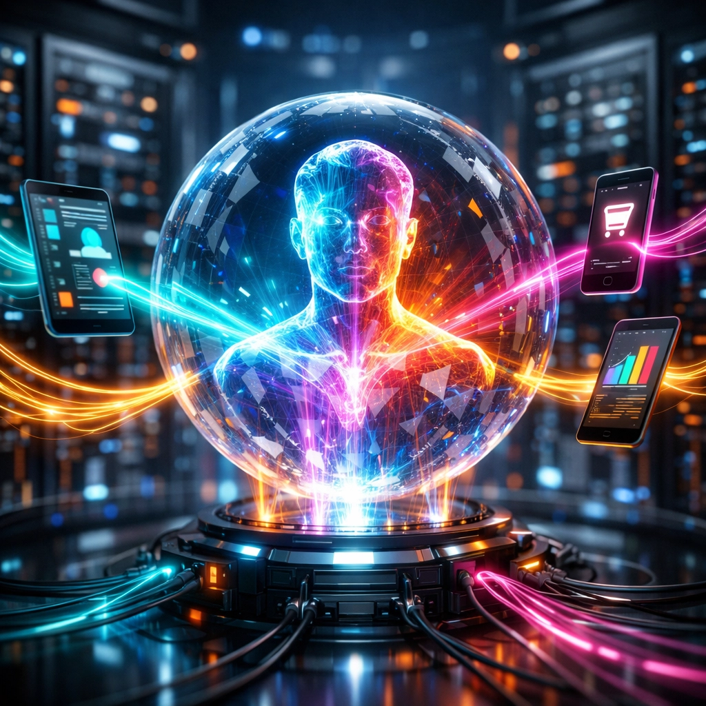 Digital streams from various devices unifying into a single customer view via a customer data platform.