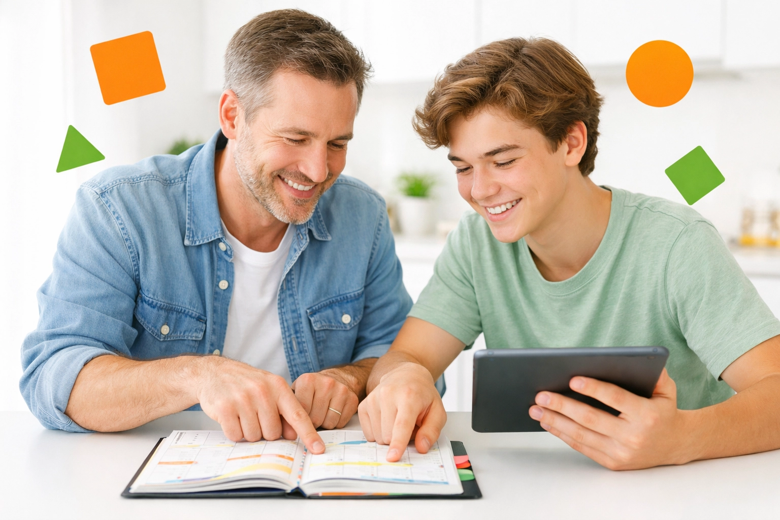 Father and teenage son planning their weekly schedule together to build life skills.