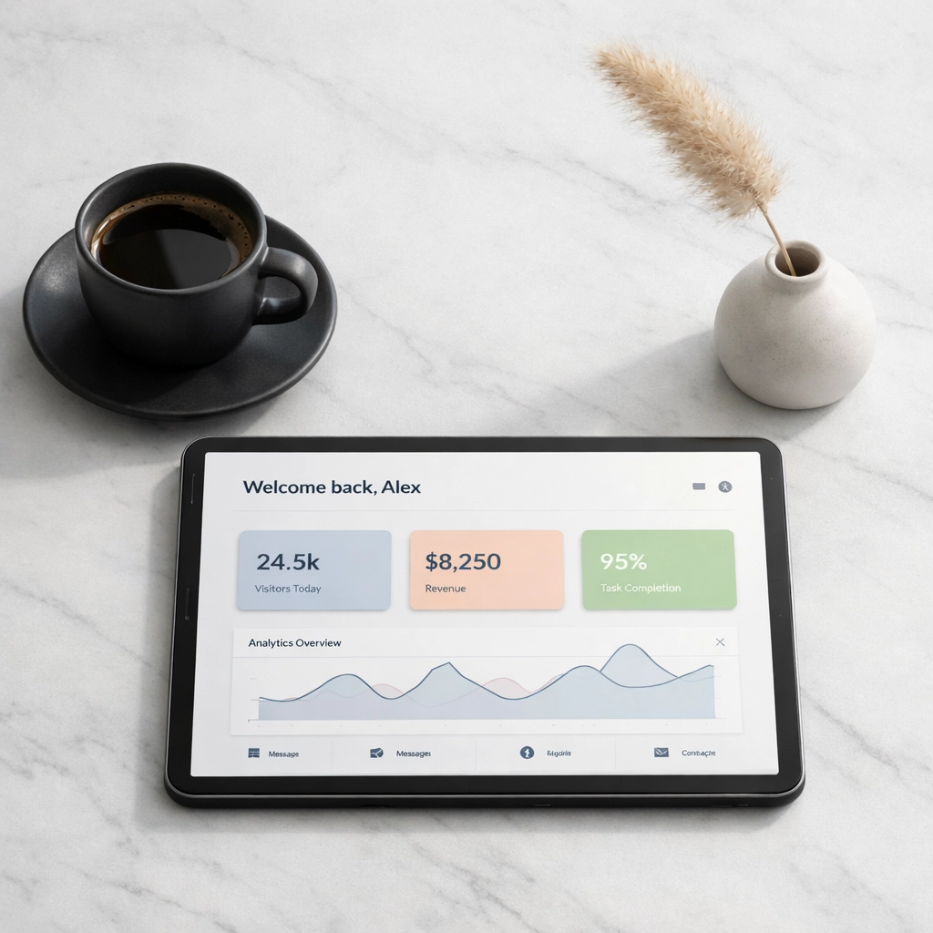 Top-down view of a modern hotel PMS dashboard on a tablet in a clean minimalist office.