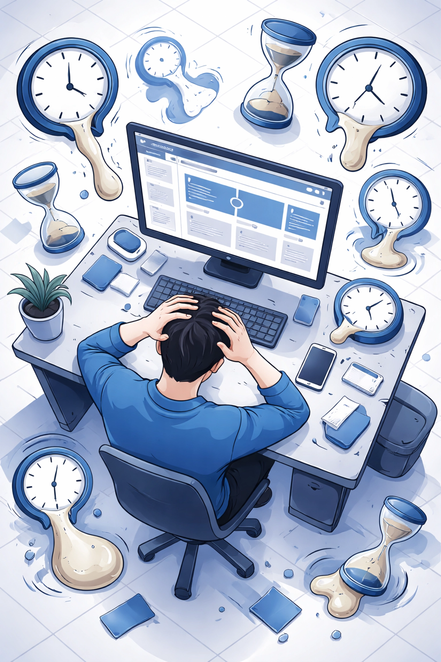 Overwhelmed person at desk with melting clocks, highlighting the time costs of DIY website builders