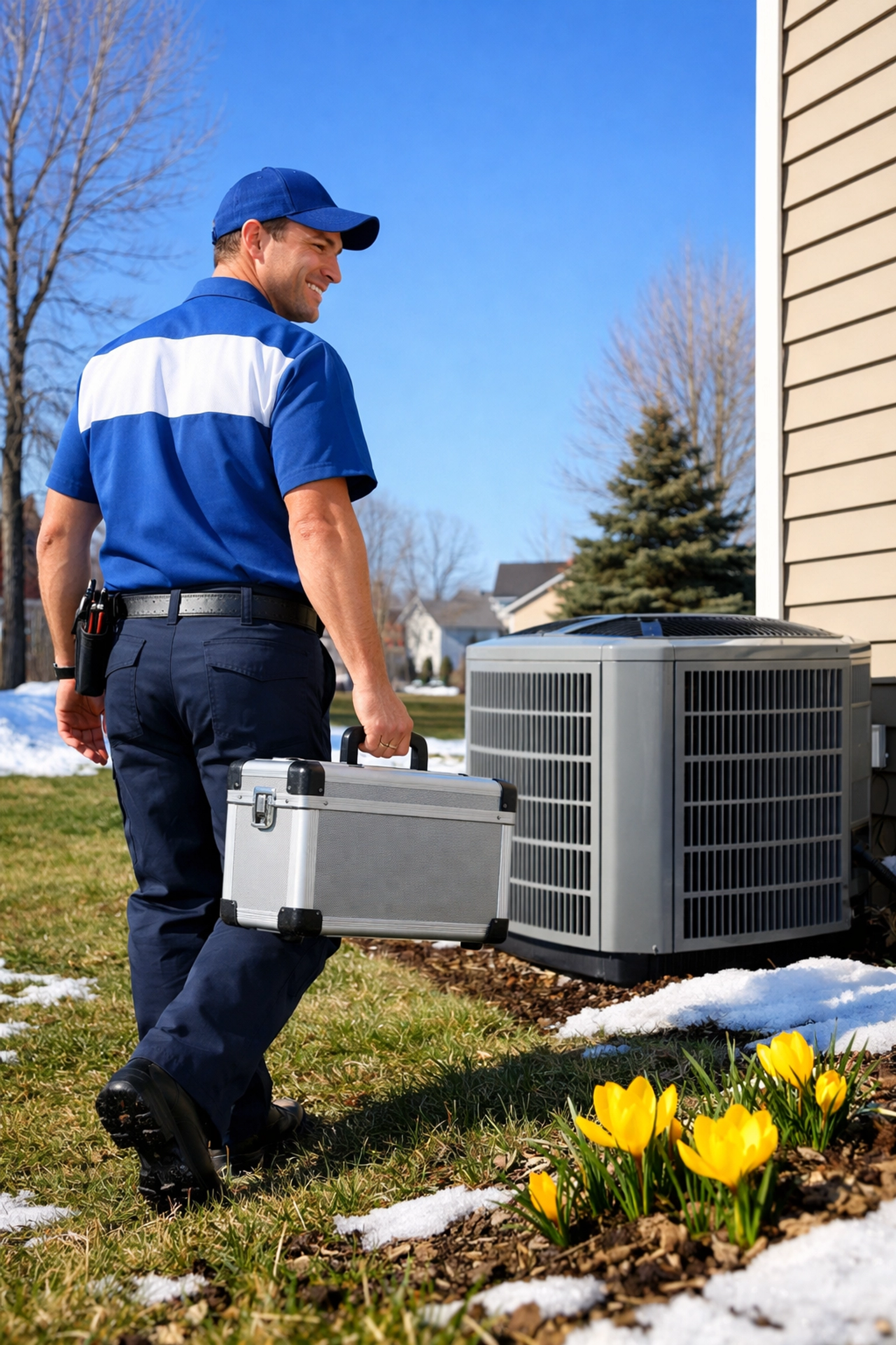 HVAC technician arriving for early spring AC maintenance at a Buffalo home to beat the summer rush.