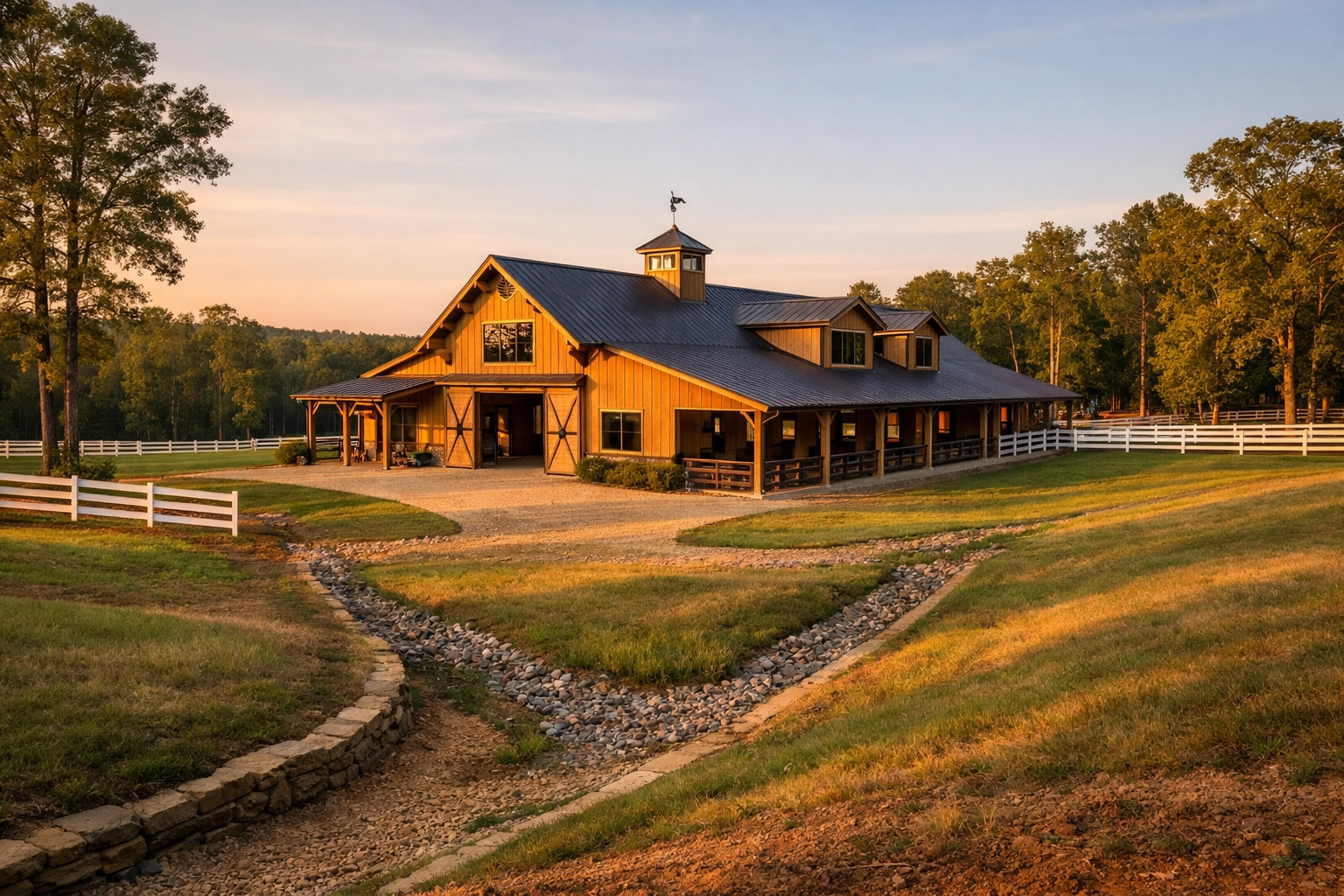 Luxury horse barn exterior in Charlotte showing professional site grading and drainage design